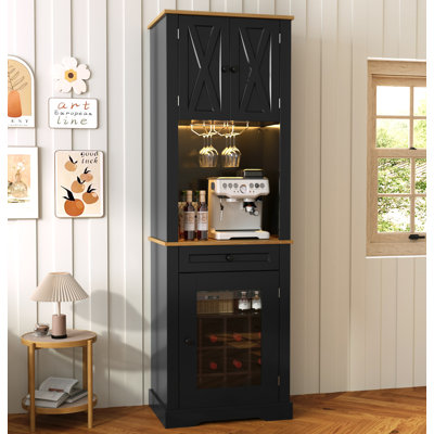 Bar avec éclairage à DEL, armoire à vin de ferme de 69 po avec tiroir de rangement, tablettes réglables, 2 porte-verres et station de charge, armoire à café pour bar à domicile, salle à manger, salon, noir