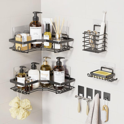5-Pack Corner Shower Caddy Set With Soap & Toothbrush Holder, Rustproof Stainless Steel Bathroom Organizer, No Drilling Adhesive Shelves, Large Capacity Storage For Bathroom, Kitchen, Dorm