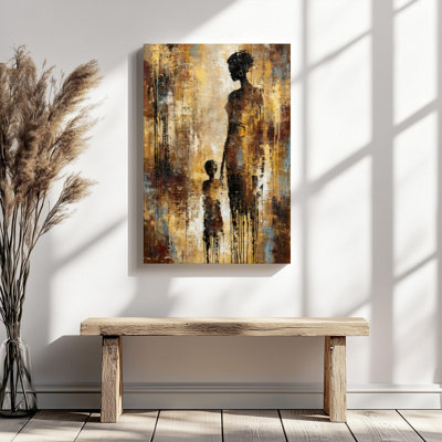 Silhouette of Woman & Child Holding Hands Canvas Wall Art - Gallery Wrap Canvas with Solid Wood Inner Frame, Ready to Hang
