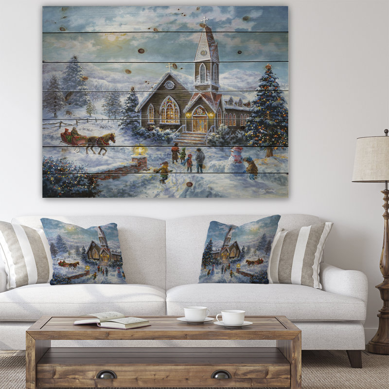 « christmas culte parents priant children play », peinture, H 30 po x l 40 po x P 1,5 po, Bois