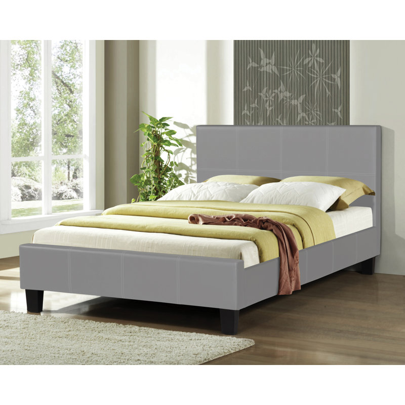 Lit plateforme tapissier moderne avec surpiqûres de baseball, base de lit en similicuir, aucun sommier requis, gris, Gris