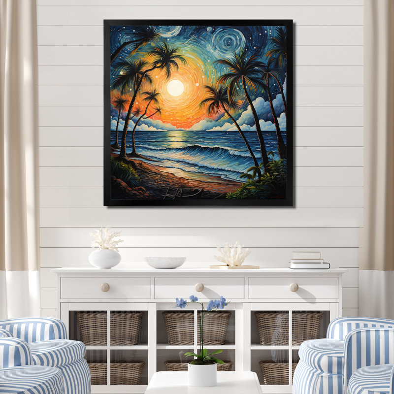Beach Tropical Vibes Pointillism I - Beach Canvas Wall Art, H 16 po x l 16 po x P 1 po, Cadre simple noir