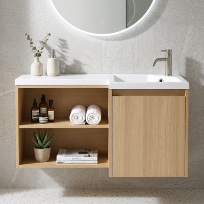 Meuble-lavabo flottant mural 36 po avec lavabo intégré en gel-résine, tablettes ouvertes et rangement à fermeture en douceur, finition chêne clair