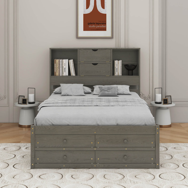 Grand lit plateforme avec tiroirs, Gris