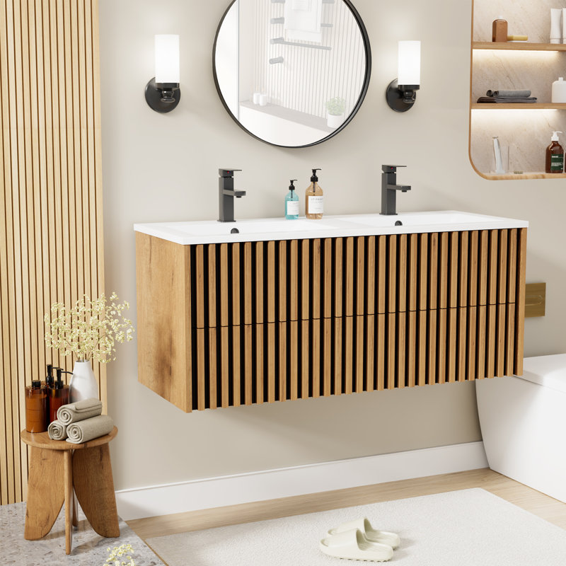 Amily 48" Modern Farmhouse Wall Mounted Double Sink Bathroom Vanity With Integrared Sink Top, Faucet And Drain