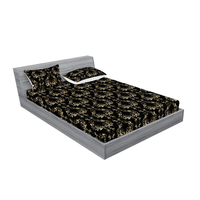 Drap-housse et taie décorative Ambesonne motif floral rococo damassé gris anthracite et jaune pâle