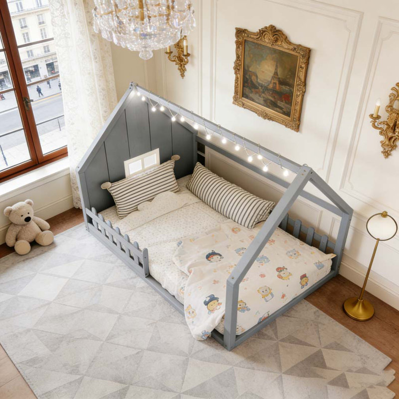 Lit double en bois avec fenêtre et clôture, Gris