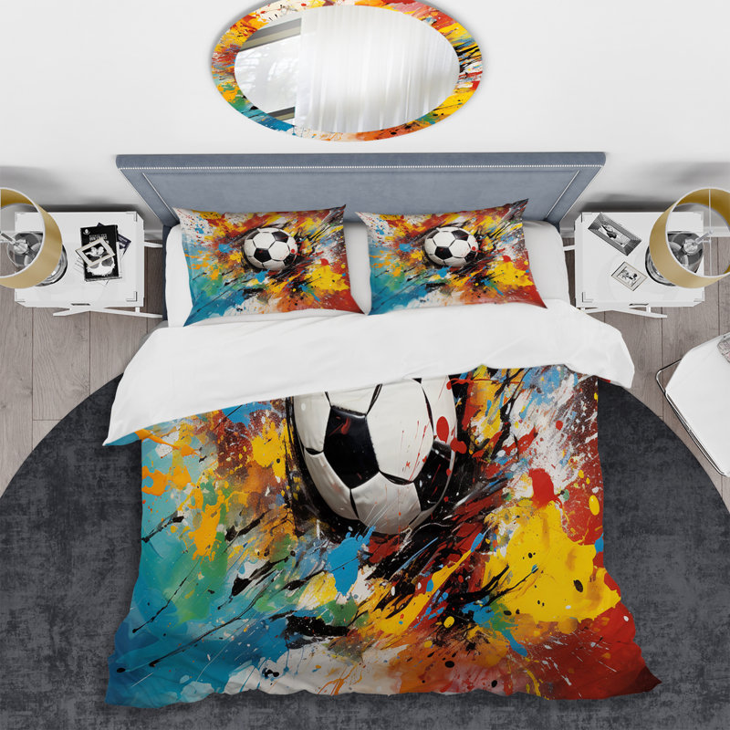 Twin Multicolor Microfiber Soccer Ball Duvet Cover Set