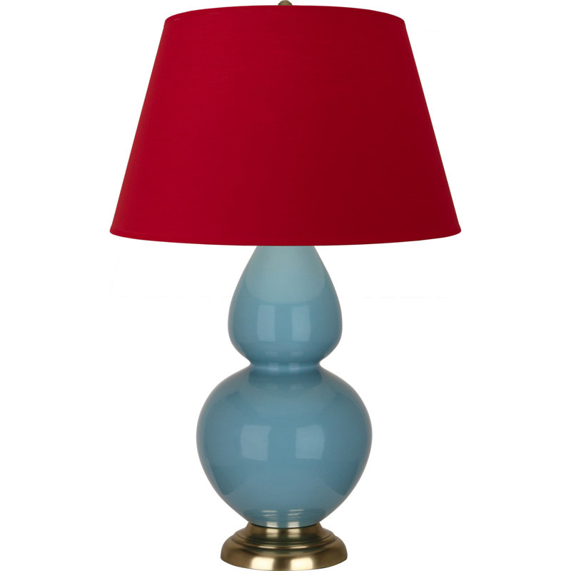 Lampe de table double gourde en céramique, Blanc cassé, Bleu acier émaillé / laiton, Laiton