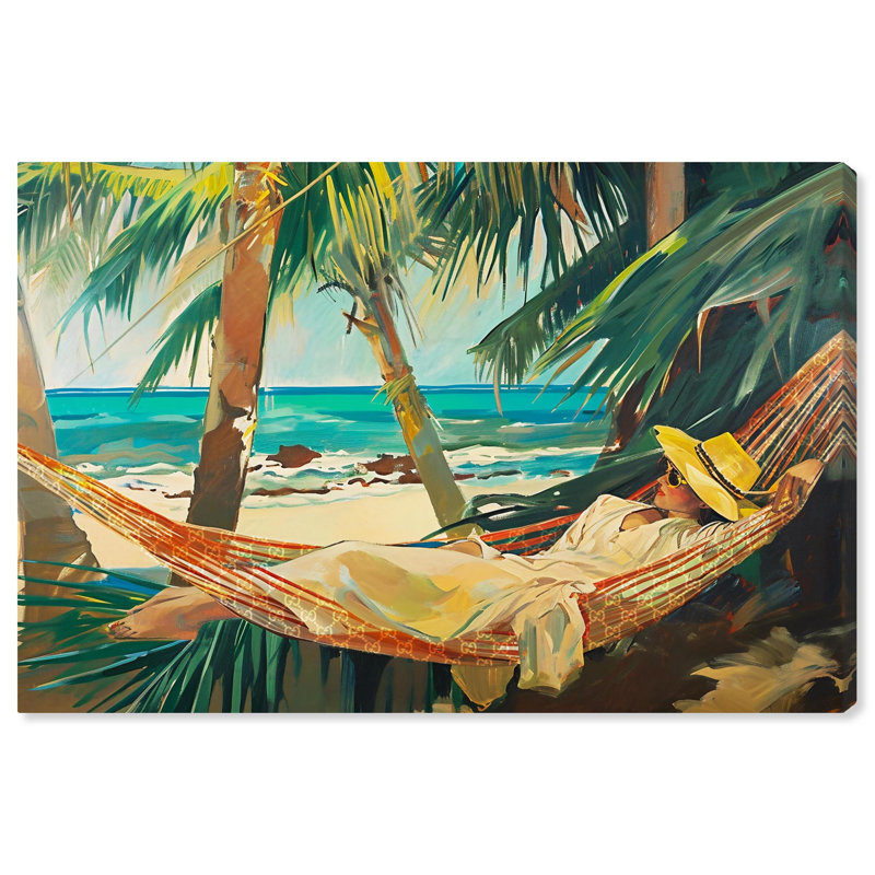 «On Her Hammock Canvas», art mural Glam Beach par Art Remedy, H 30 po x l 45 po, Toile tendue