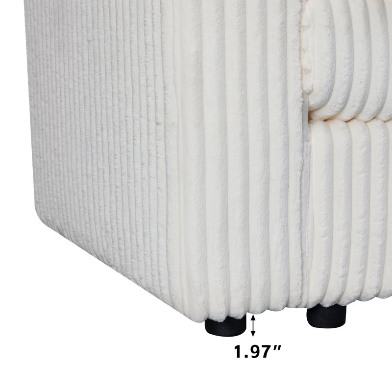 113" Wide Corduroy Convertible Sectional Couches For Living Room With 2 Pillows, White Corduroy