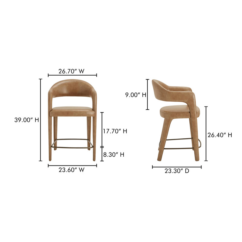 Martens Upholstered Stool, Brown Genuine Leather, Counter Stool (26.4" Seat Height)