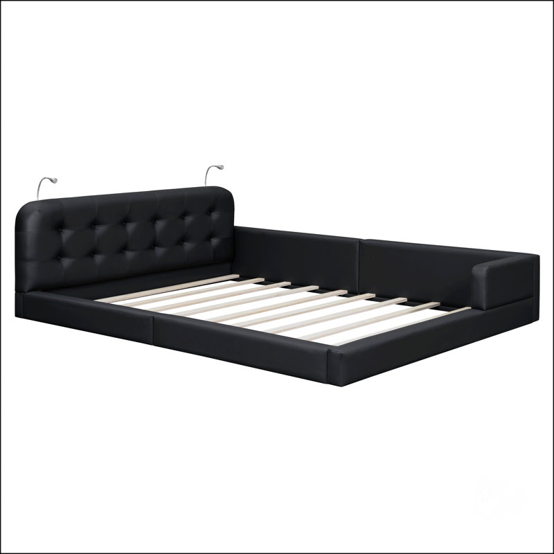 Grand lit plateforme tapissier avec 2 lampes de lecture, Noir