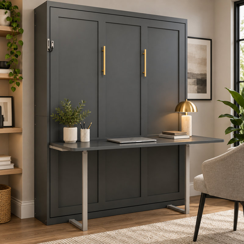 Lit escamotable vertical Deskoria Queen avec bureau intégré, gris, gain de place, 26 lattes en bois massif, pieds automatiques, assistance hydraulique à deux niveaux, sangle de matelas