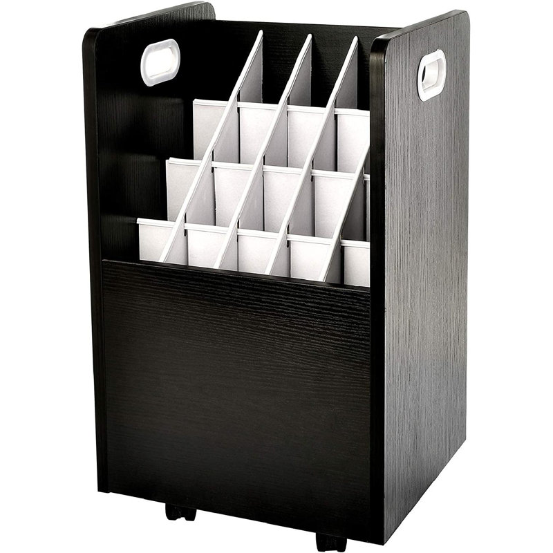 Black Mobile Wood Roll File Cabinet with 20 Slots