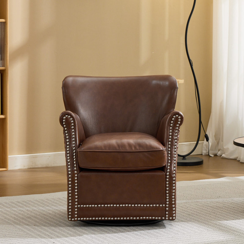 26.4'' W Genuine Leather Upholstered Swivel Armchair, Brown