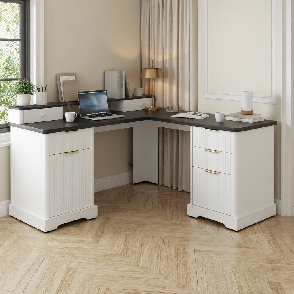 Latitude Run® Modern 59" Fluted White L-Shaped Home Office Desk with ...