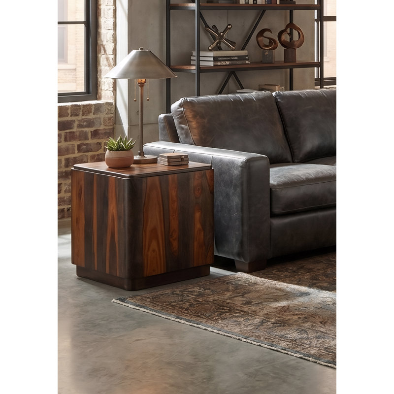 Solid Sheesham Wood Square Block End Table with Platform Base