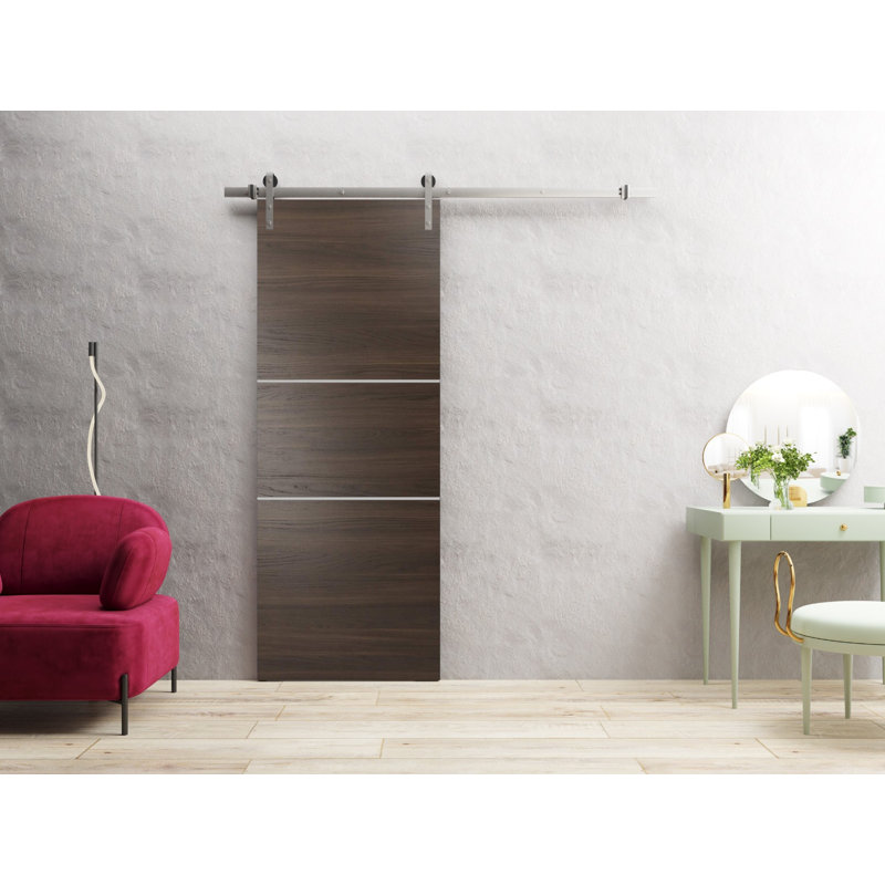 Porte de grange à panneaux en bois, Cendre chocolat / chrome, 32 po x 84 po
