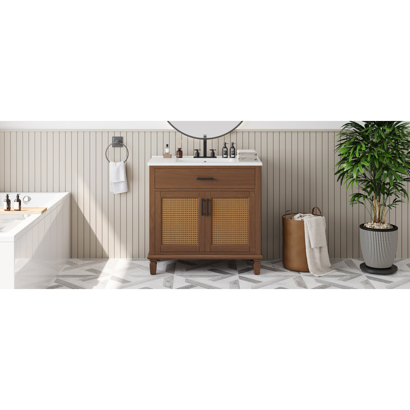 Meuble-lavabo en rotin 36 po avec lavabo en céramique, Brun