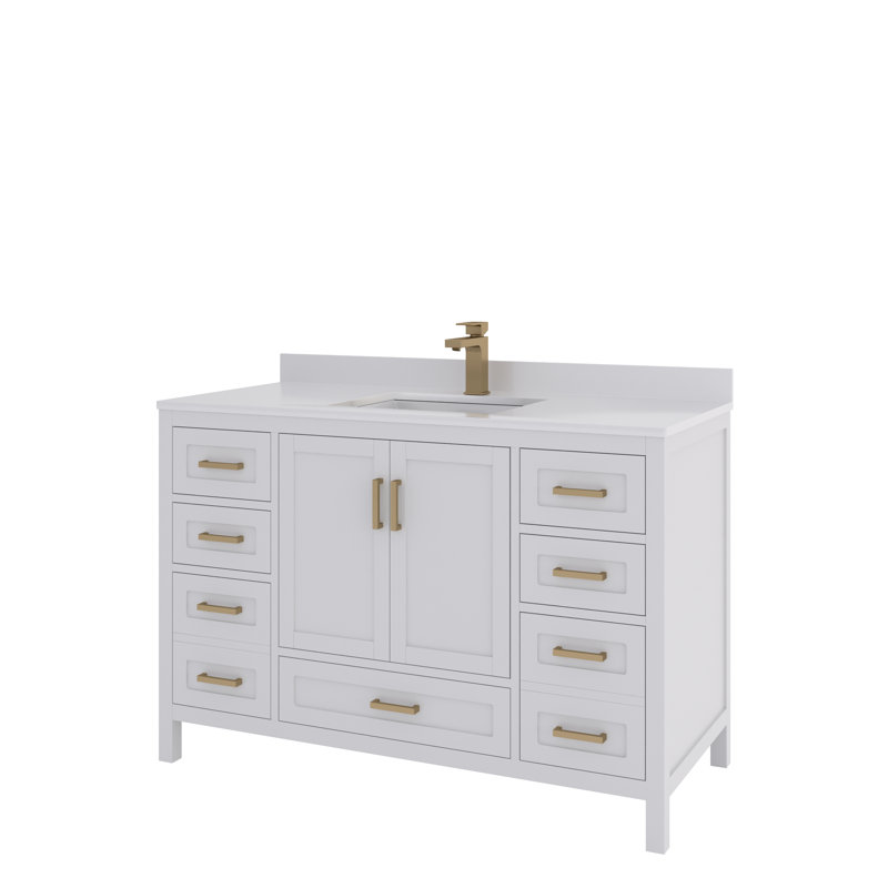 Rooh 48'' Single Bathroom Vanity with White Quartz Top, Brushed Gold, White