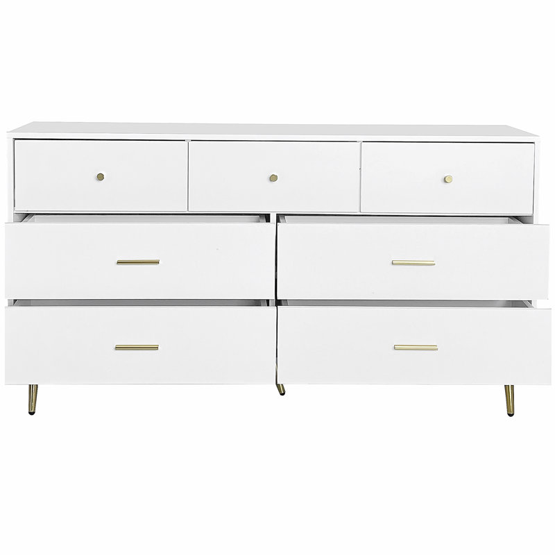 Seven Drawers Large Chest of Drawer Cabinet with Golden Handle and Golden Legs White Color