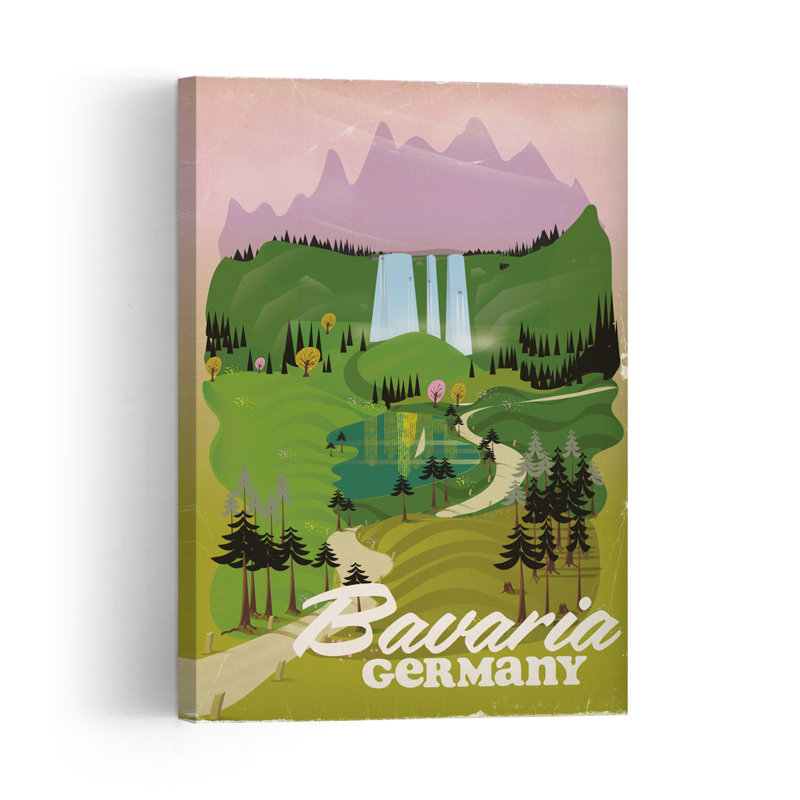 Affiche murale représentant une cascade de montagne bavaroise, un paysage forestier paisible et serein au style rétro.