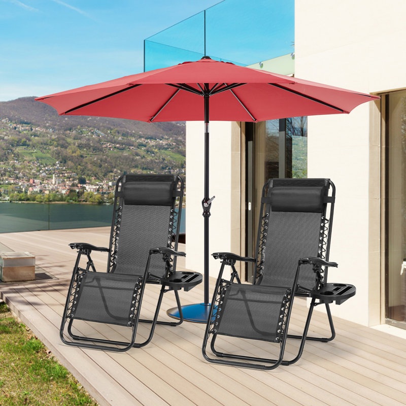 Outdoor Zero Gravity Recliner Lounge Chair Set  With Patio Umbrella, Black