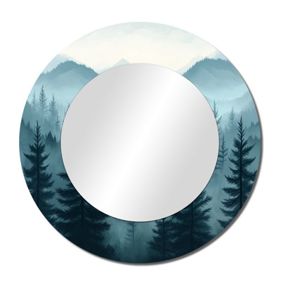 Winter Forest Pine – Green Lodge Round Accent Mirror, Metal Print