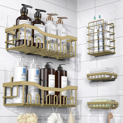 5-Pack Stainless Steel Shower Caddy Set – No Drill Adhesive Bathroom Organizer With Large Capacity, Rustproof Shower Shelves For Bathroom, Kitchen & Home Storage