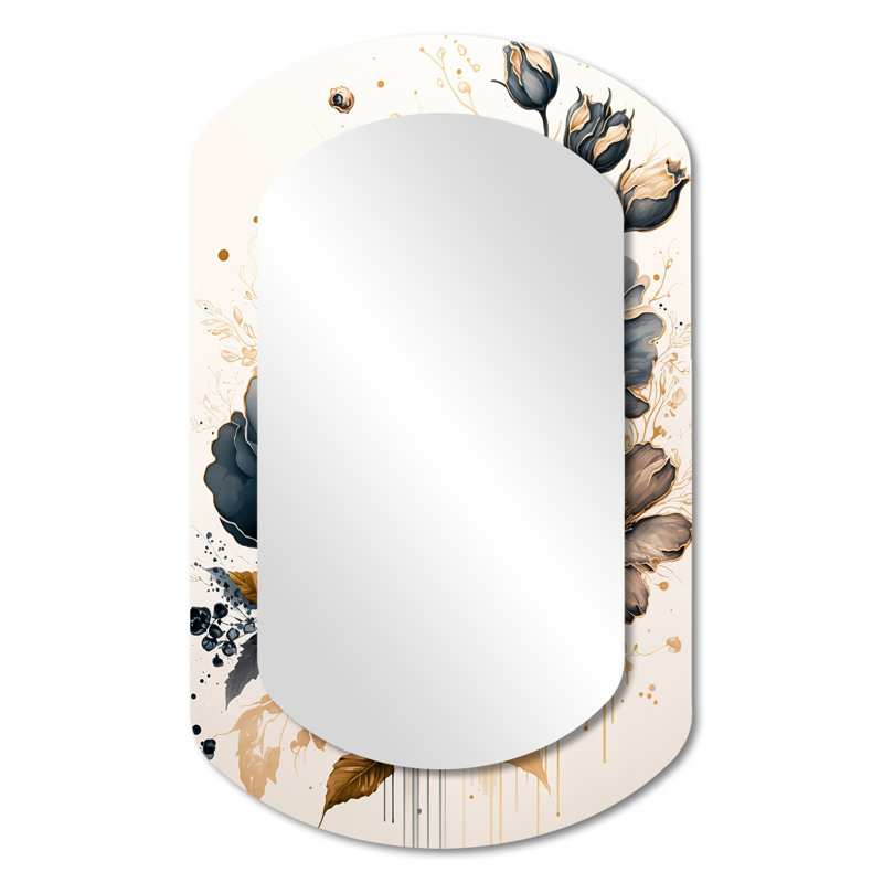 Lauria Navy Blue And Gold Poppy Flowers III - Poppy Asymmetrical Large Wall Mirror, Blue Cylinder Decorative Mirror, Printed Metal Art