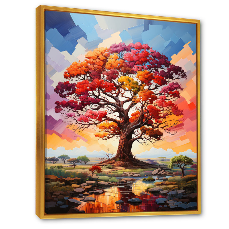 Baobab africain aux couleurs de l'arc-en-ciel IV - Décoration murale arbre baobab, Cadre flottant doré, H 44 po x l 34 po