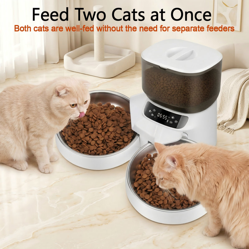 Double mangeoire automatique pour deux chats, capacité de 5 L / 20 tasses, deux bols en acier inoxydable, minuterie programmable pour 20 portions de 6 repas par jour, repas de 10 secondes, convient aux chiens, blanc, 5 L