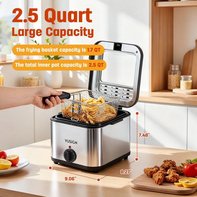 Friteuse électrique 1000 W, capacité de 2,5 pintes, fenêtre facile à voir et contrôle de la température réglable, acier inoxydable