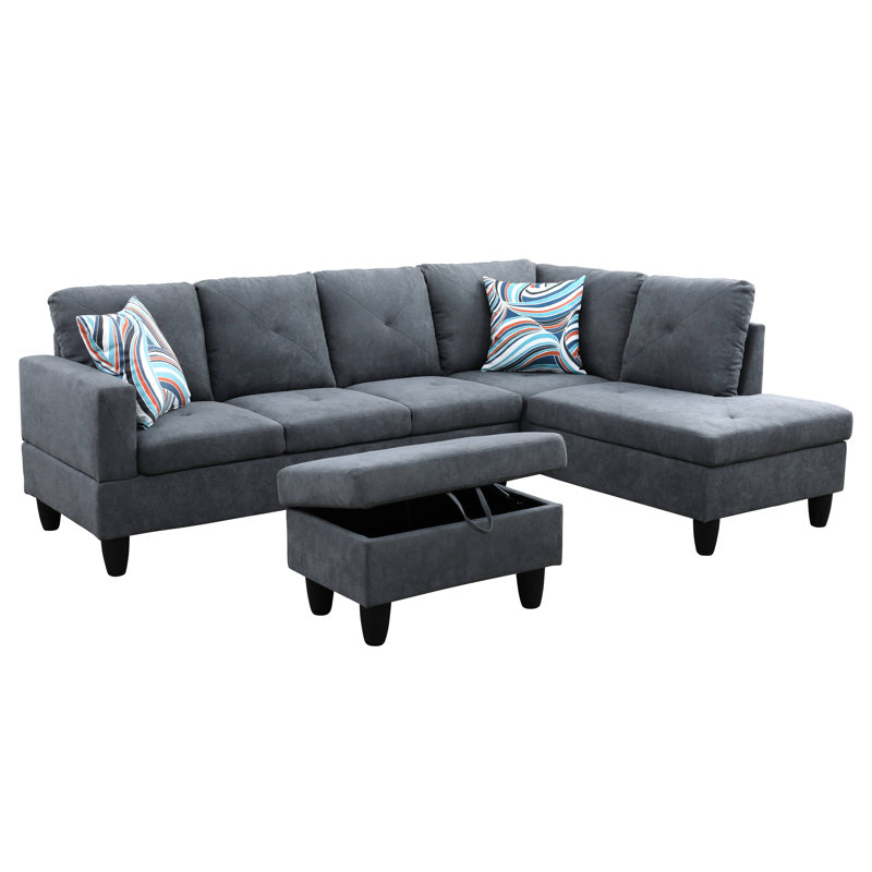 Evelyngrace Upholstered L-Shaped Sectional, Davy Gray Microfiber, Right Hand Facing