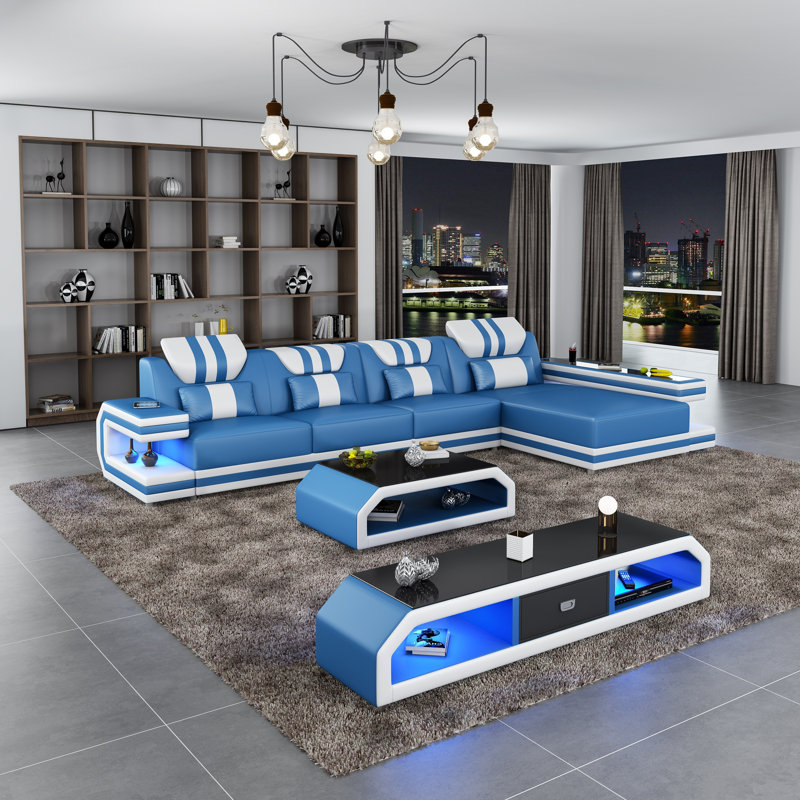 Lightspeed Upholstered L-Shaped Sectional, Right Hand Facing, Blue/White Genuine Leather