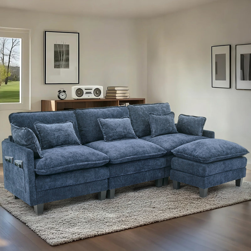 4 Piece Upholstered L Shaped Sectional Sofa, Blue Chenille
