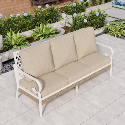74.8'' Wide Outdoor Patio Sofa With Cushions & Wicker Decor