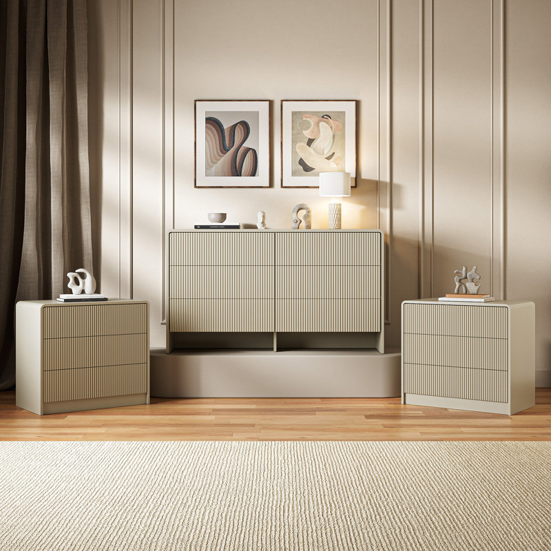 Ensemble de chambre à coucher 3 pièces, commode à 6 tiroirs et table de chevet à 3 tiroirs (lot de 2), Beige