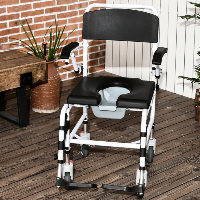 Medical Shower Wheelchair With Wheels, 17" Seat Width, Black, Waterproof, Detachable Bucket For Disabled Users Mobility Chair Wheelchair, Elderly