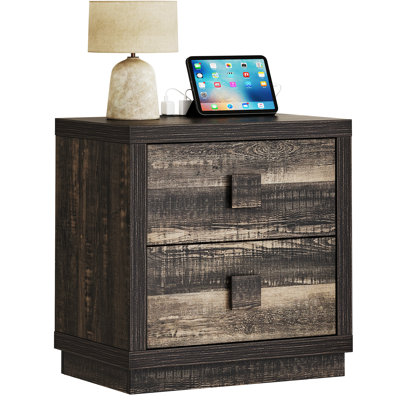 23.4 Inch Large Nightstand With Charger Station And 2 Drawers