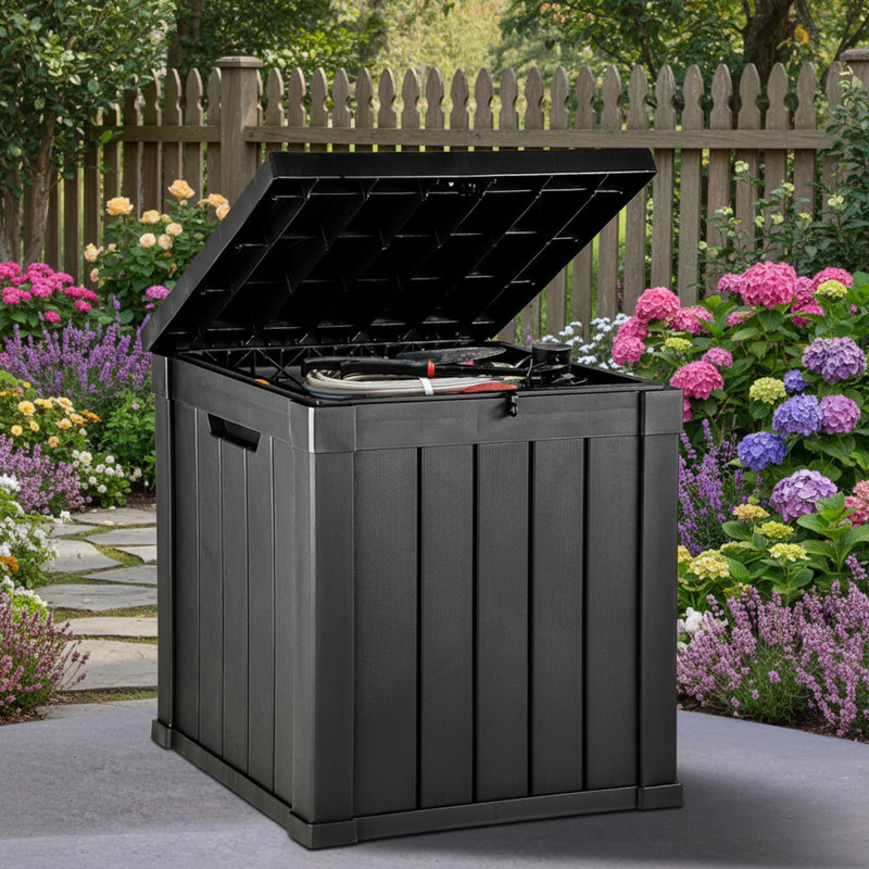 51 Gallon Outdoor Waterproof Resin Deck Box with Lockable Lid for Patio Furniture, Pool Accessories, Black