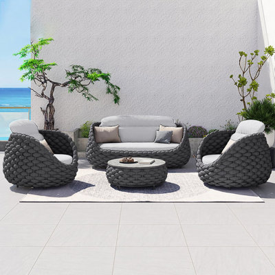4-Person Outdoor Sofa Set with Arm Chairs, Woven Rope Design & Faux Marble Coffee Table, Waterproof Patio Seating Group by Bungalow Rose