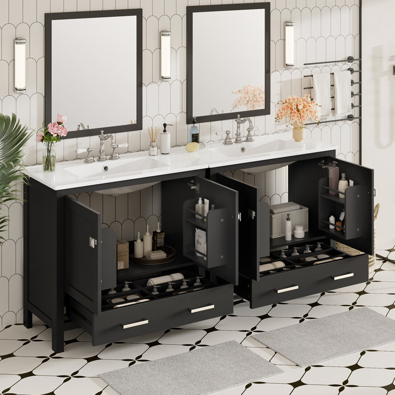 Meuble-lavabo noir 72 po avec lavabo en céramique, portes à fermeture douce, tablettes de rangement doubles et tiroir divisé - Armoire de salle de bain moderne avec beaucoup de rangement