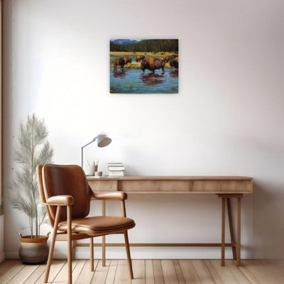 Majestic Bison Herd Wrapped Canvas Wall Art 24" X 18"