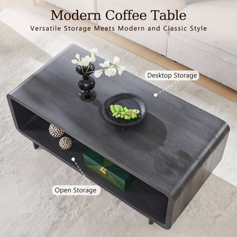 Abrianna 48" Wide Coffee Table with Storage Shelf, 2-Tier Minimalist Center Table with Curved Profile Design, Thick Wooden Rectangular Living Room Table,Gray