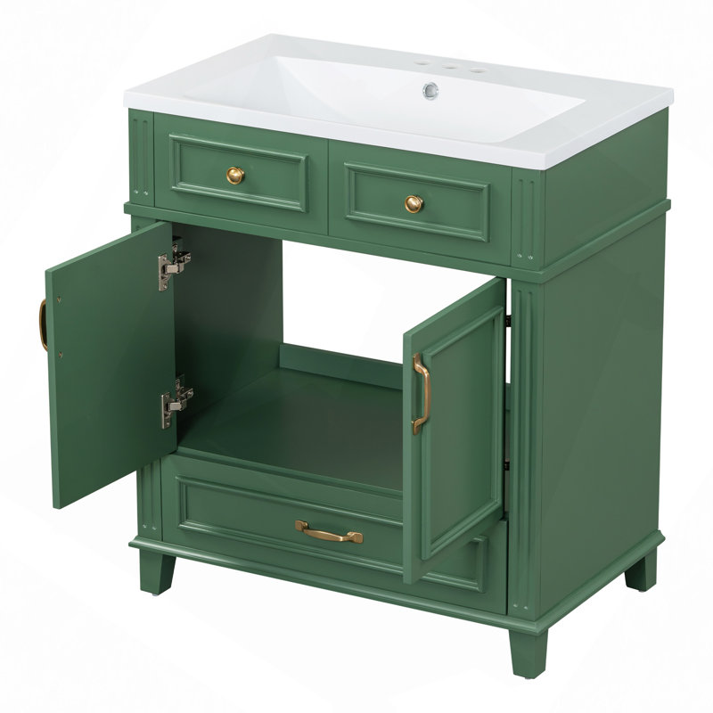 Meuble-lavabo de salle de bain avec lavabo en résine, armoire de rangement en bois massif avec portes à fermeture douce, style rétro