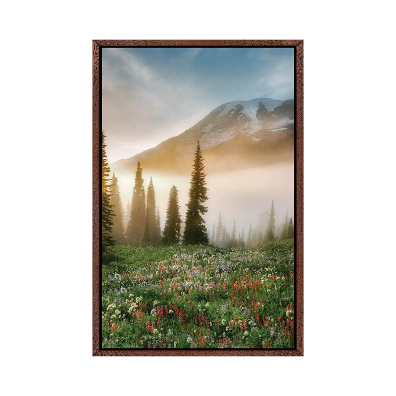 Rainier Wildflowers by Dennis Frates - Print on Canvas, Classic Brown Wood Framed, 101.6cm H x 66.04cm W x 3.81cm D