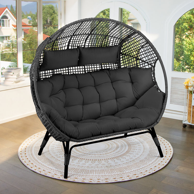 Outdoor Double Oversized Egg Chair Luxurious 2 Person Wicker Egg Chair with Thickened Cushions, Gray