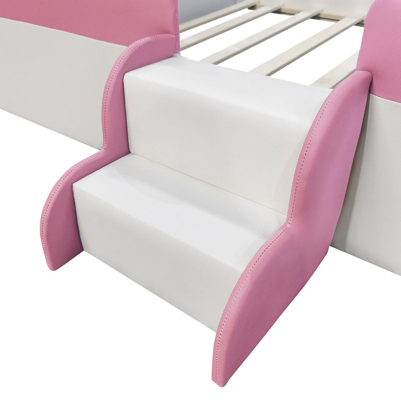 Structure de lit de jour rembourrée pleine grandeur avec clôture et escalier (ROSE + BLANC), Double, Rose/Blanc